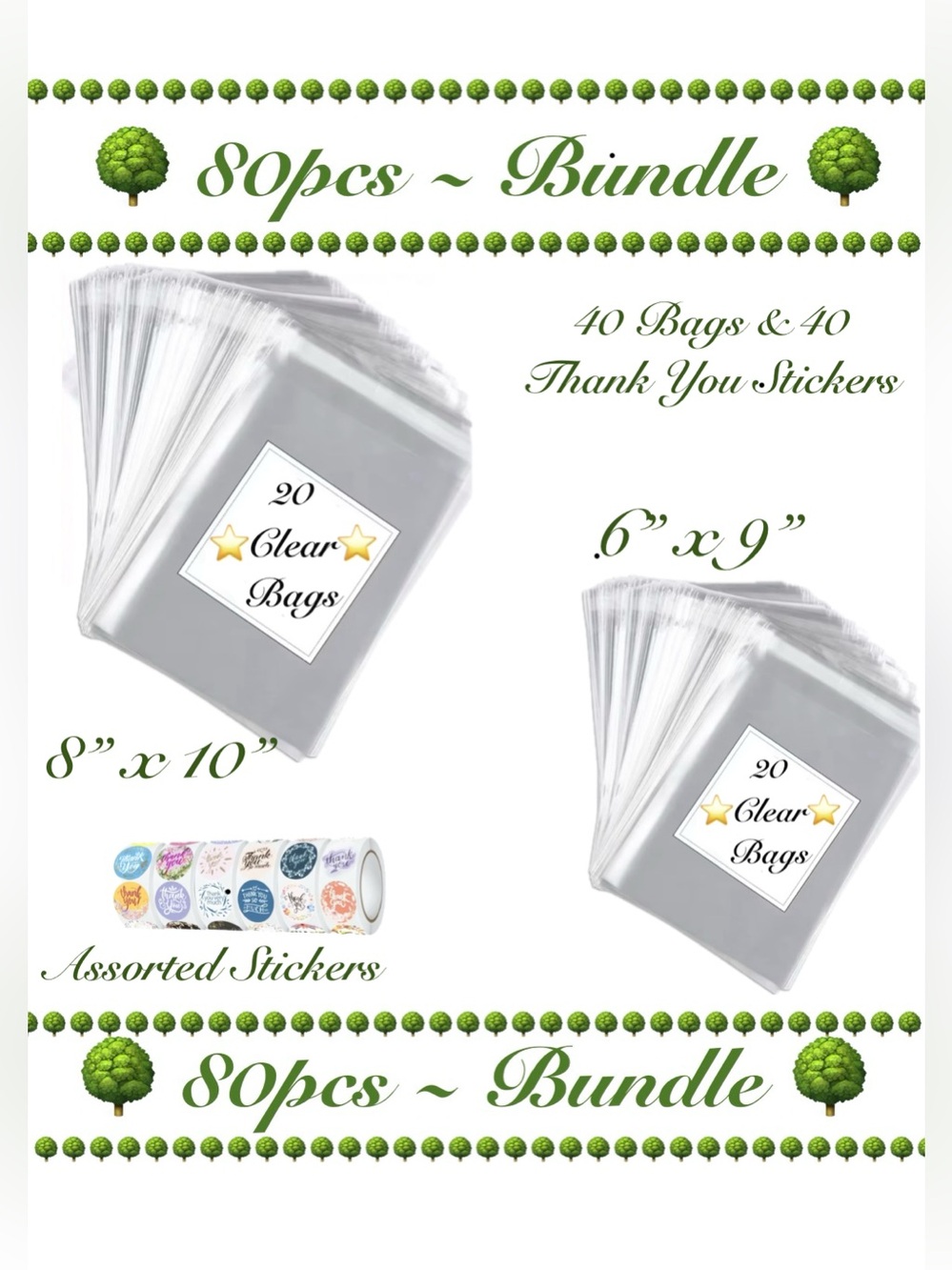 80pcs Bundle includes 20ct 6x9” & 20ct 8x10” Clear Cello Bags w/40ct Stickers 🆕